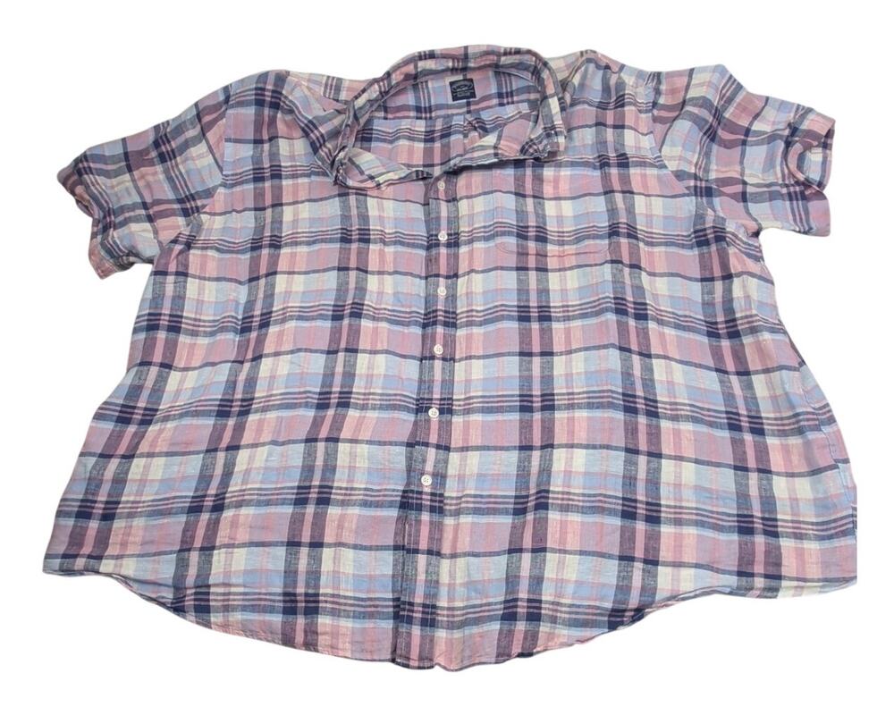Brooks Brothers Mens Irish Linen Pink Navy Blue Plaid Short Sleeve Button 4XL